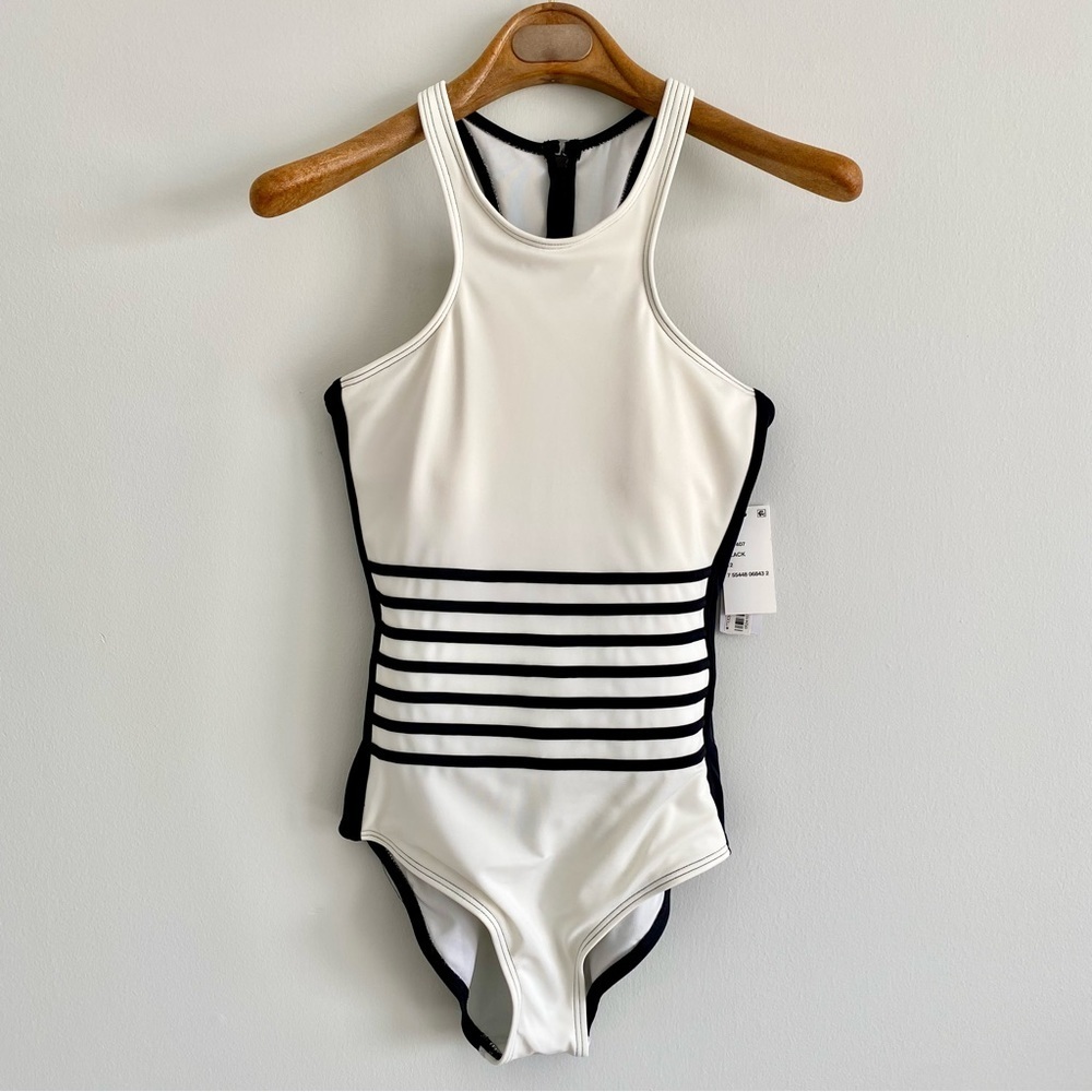 DKNY Swim White & Black Racer Front One Piece Size 12 NWT